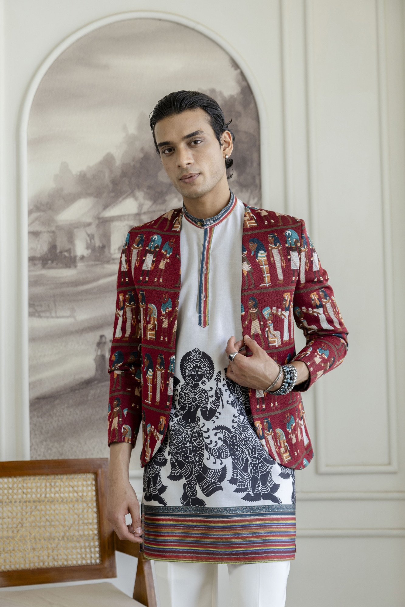 Printed Teri Kimono Jacket In Red