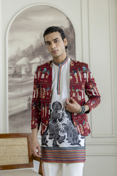Printed Teri Kimono Jacket In Red