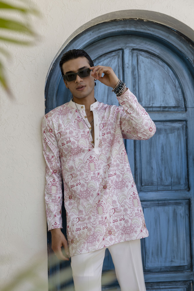 Image of Embroidered Short Kurta In Pink