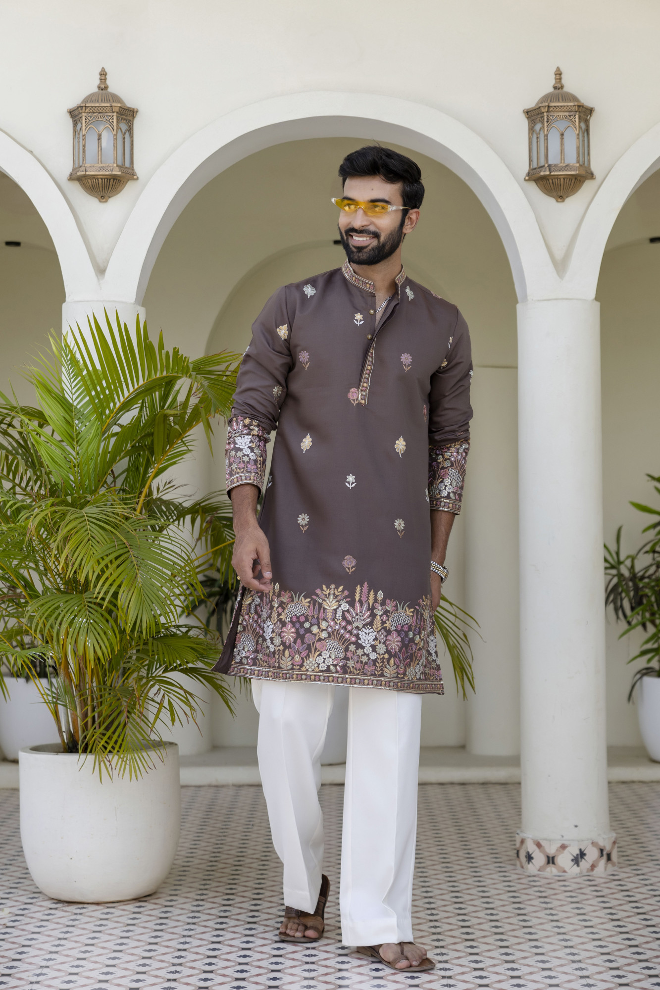 Embroidered Kurta In Chocolate