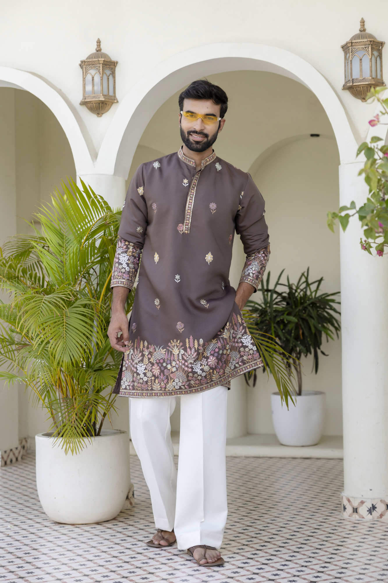 Embroidered Kurta In Chocolate