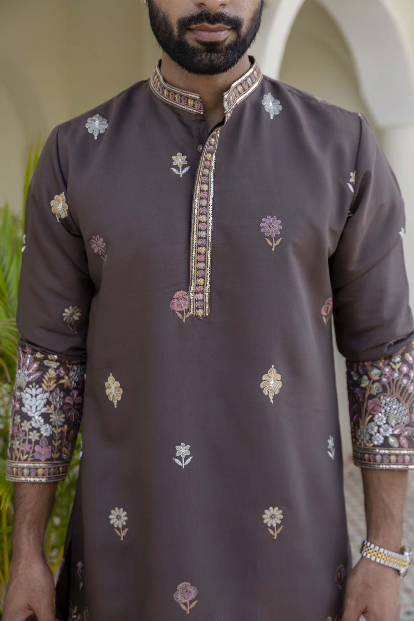 Embroidered Kurta In Chocolate