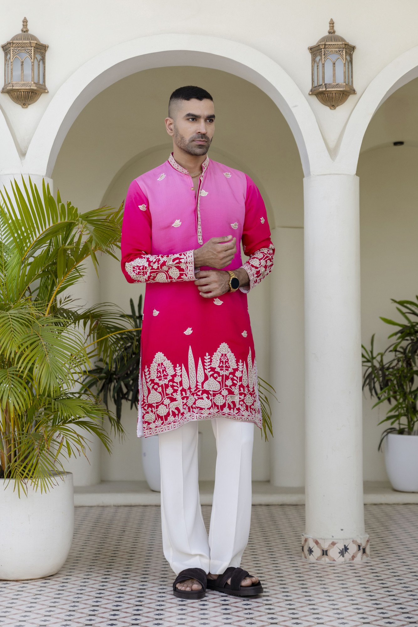 Ombre Foil Embroidered Kurta In Pink