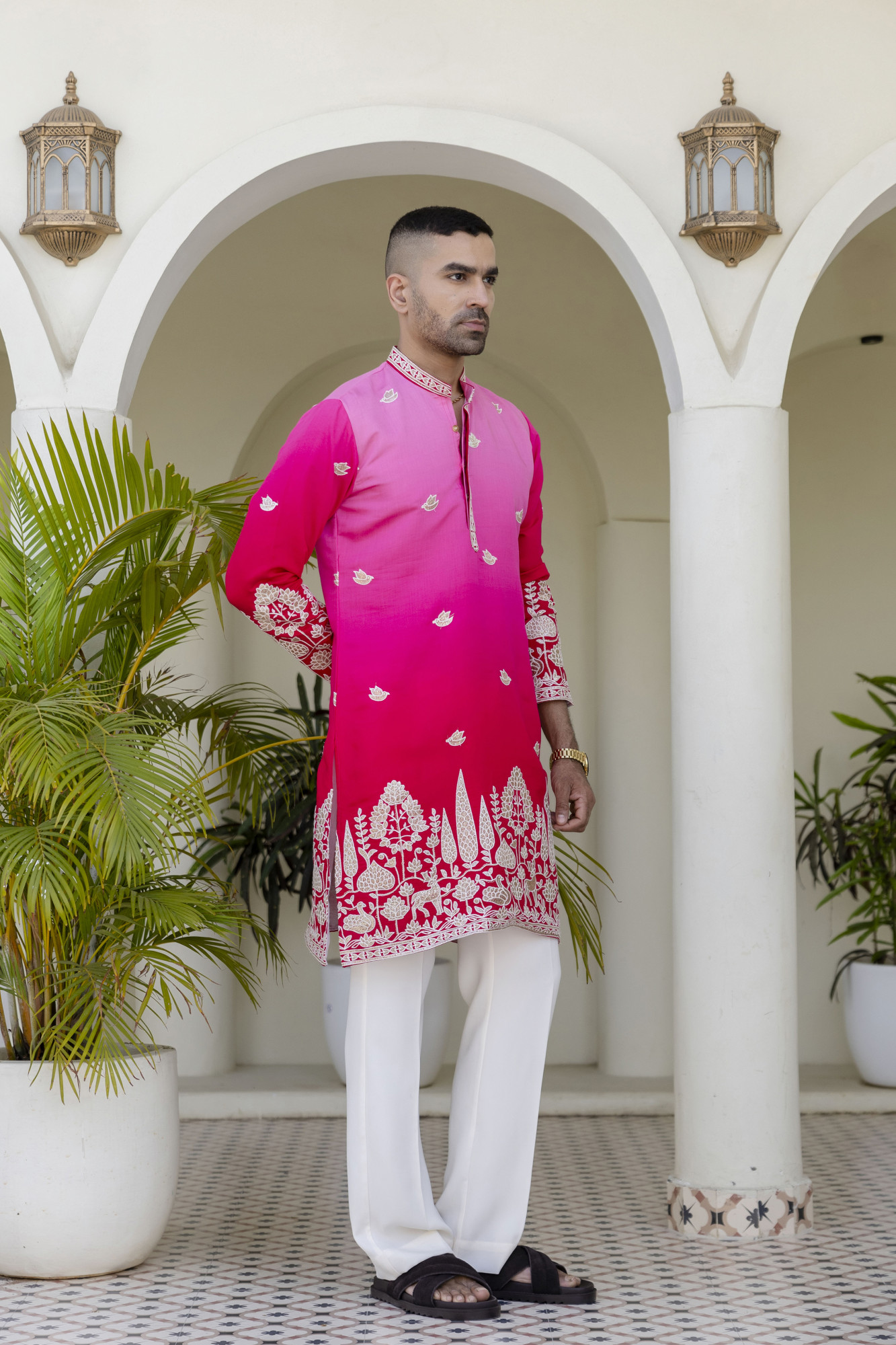 Ombre Foil Embroidered Kurta In Pink
