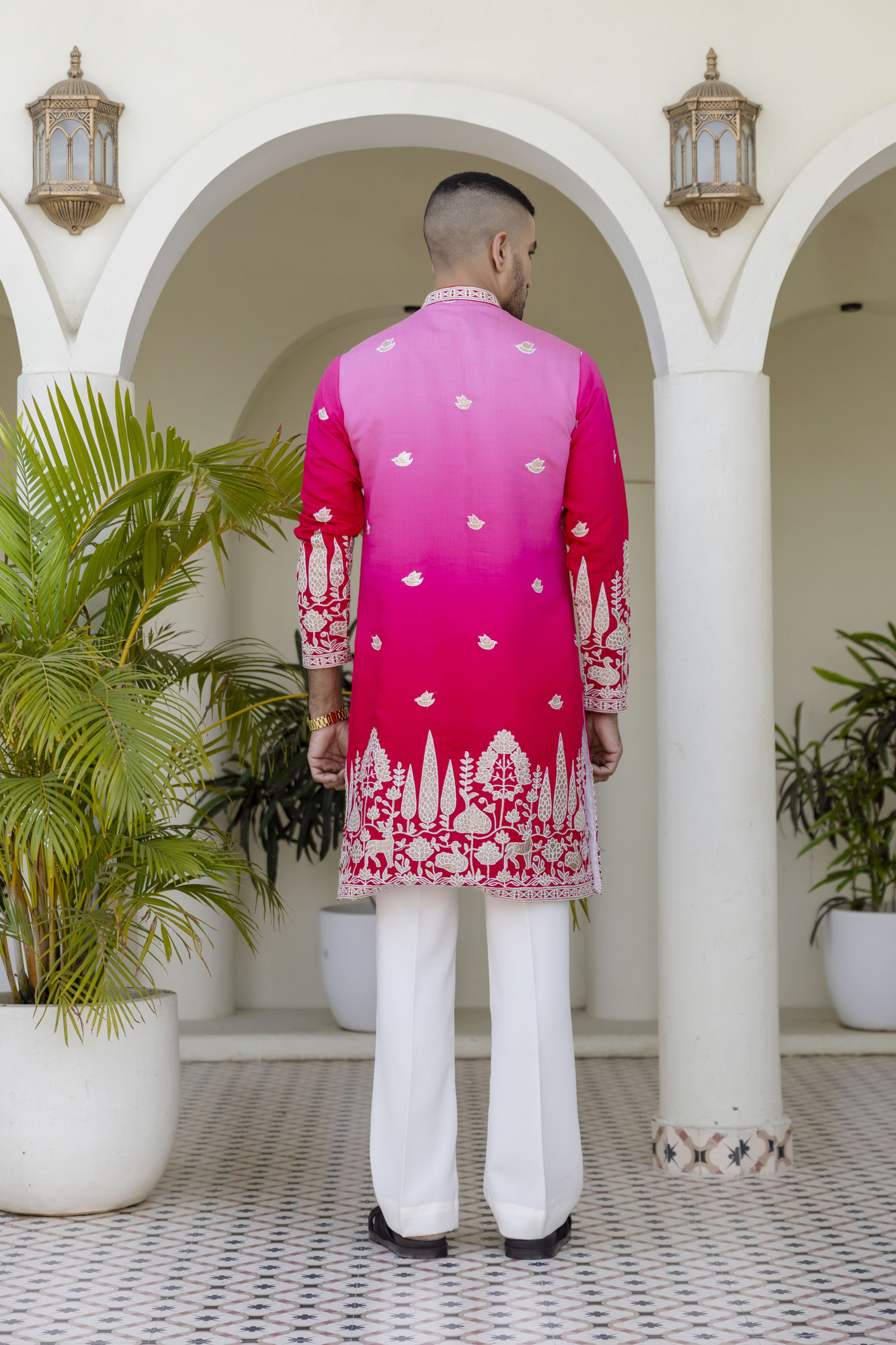 Ombre Foil Embroidered Kurta In Pink