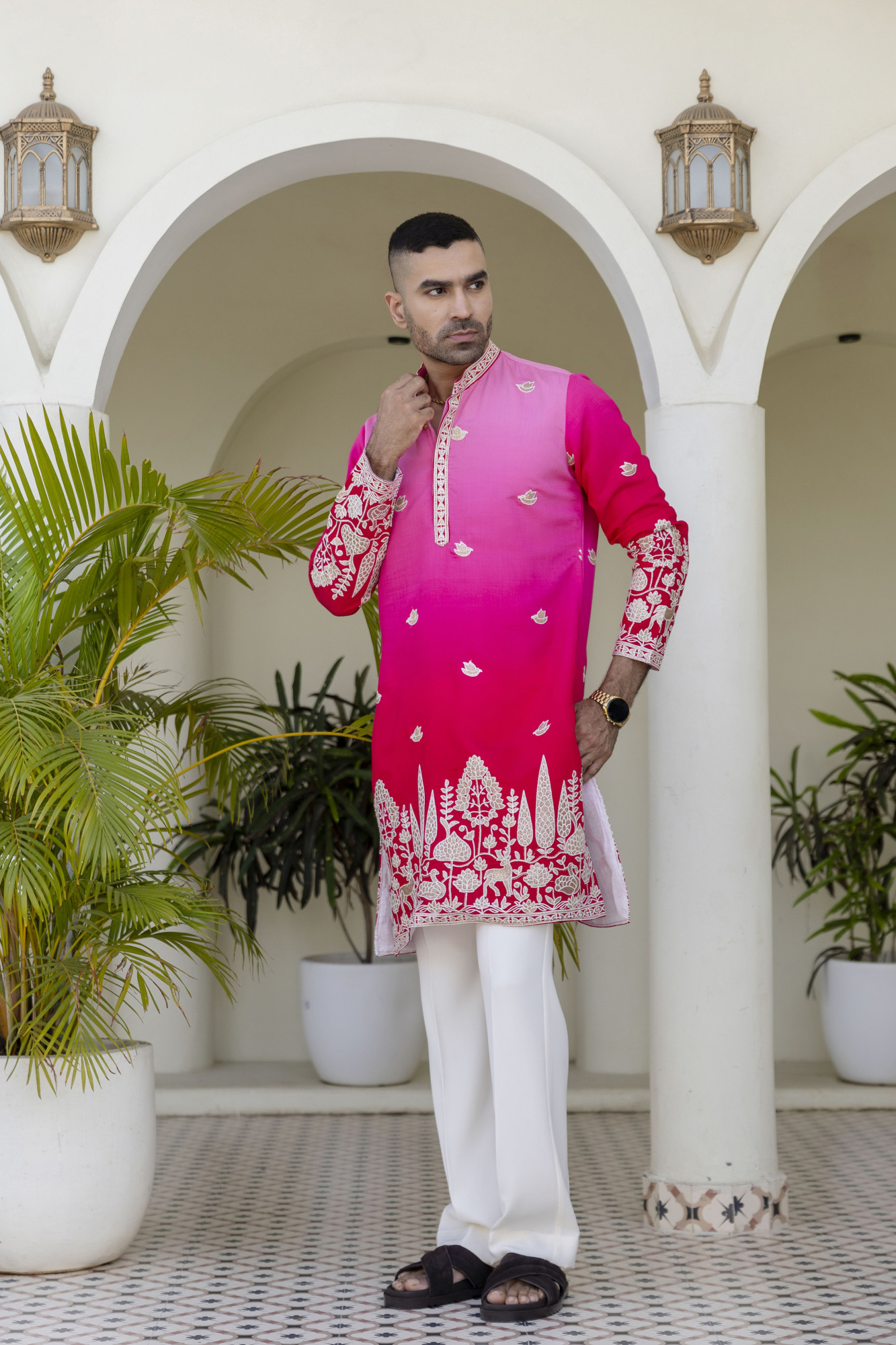 Ombre Foil Embroidered Kurta In Pink