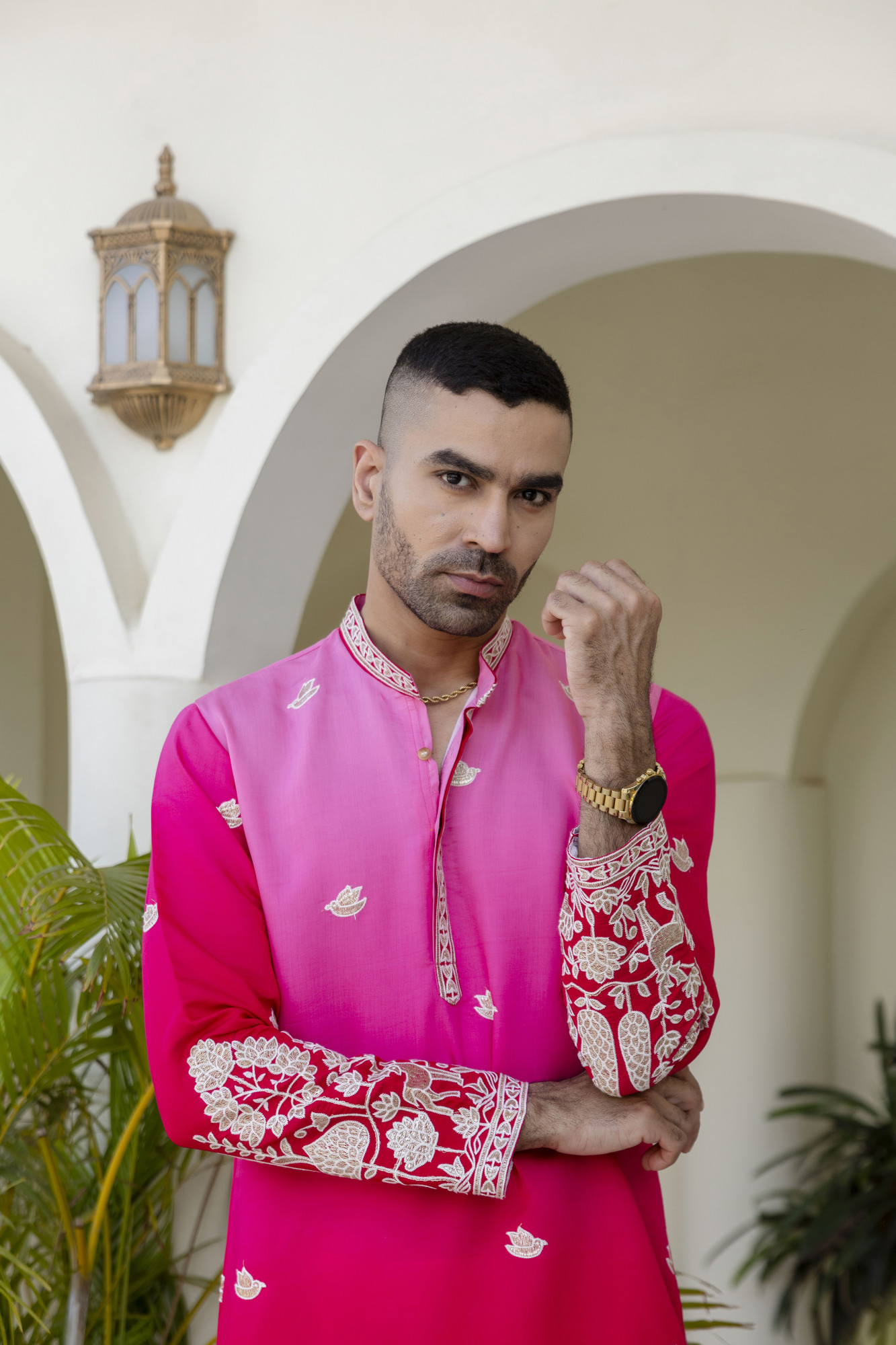 Ombre Foil Embroidered Kurta In Pink