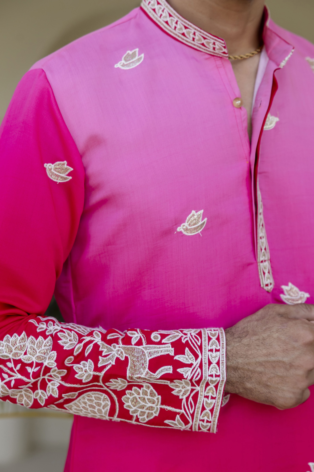 Ombre Foil Embroidered Kurta In Pink