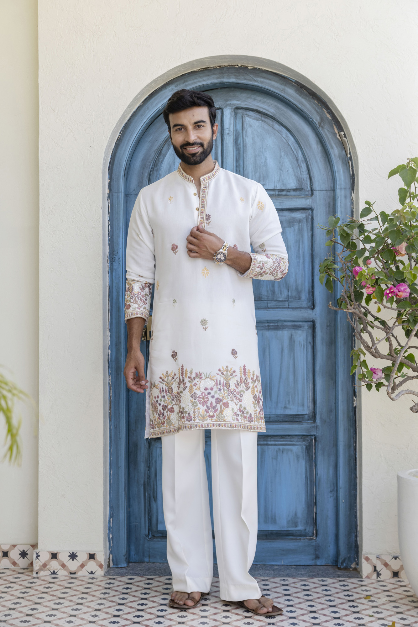 Embroidered Border Work Kurta In White