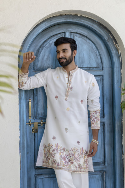 Embroidered Border Work Kurta In White