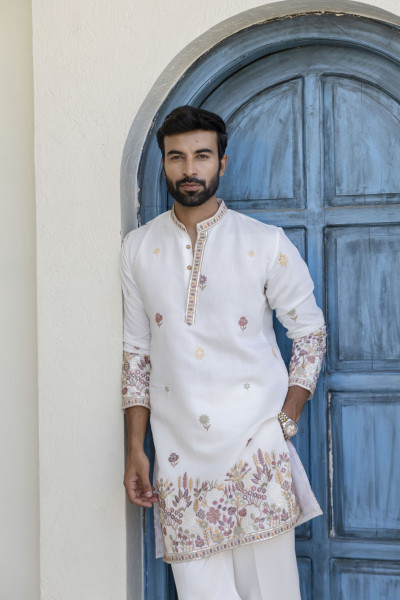Embroidered Border Work Kurta In White