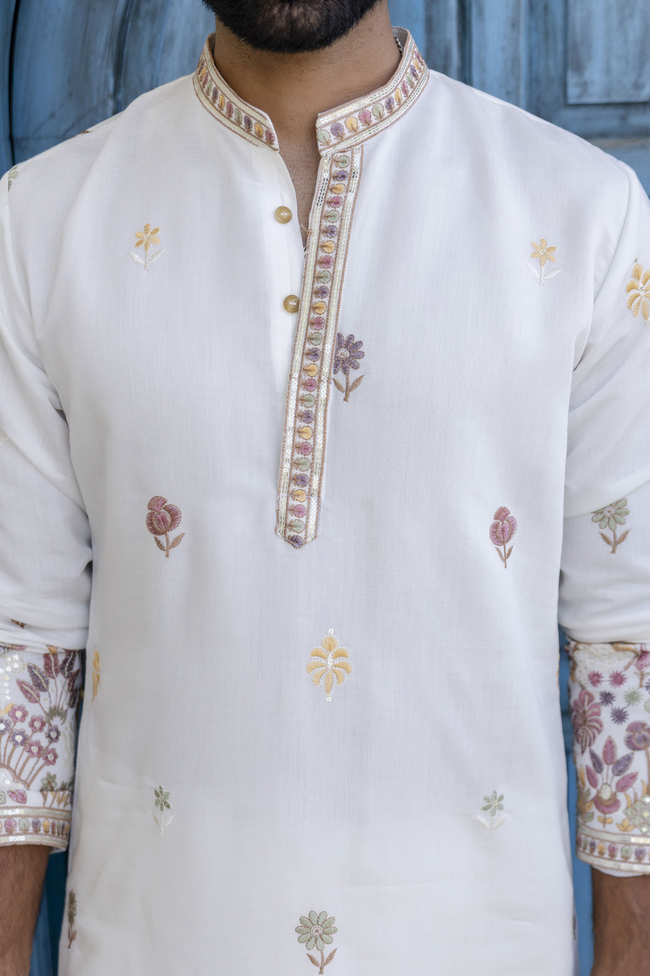 Embroidered Border Work Kurta In White