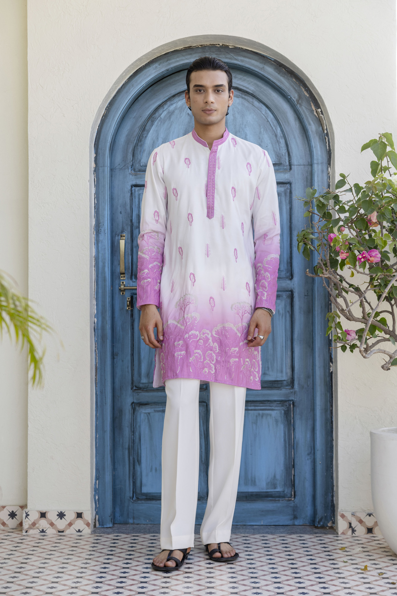 Ombre Embroidered Kurta In Pink