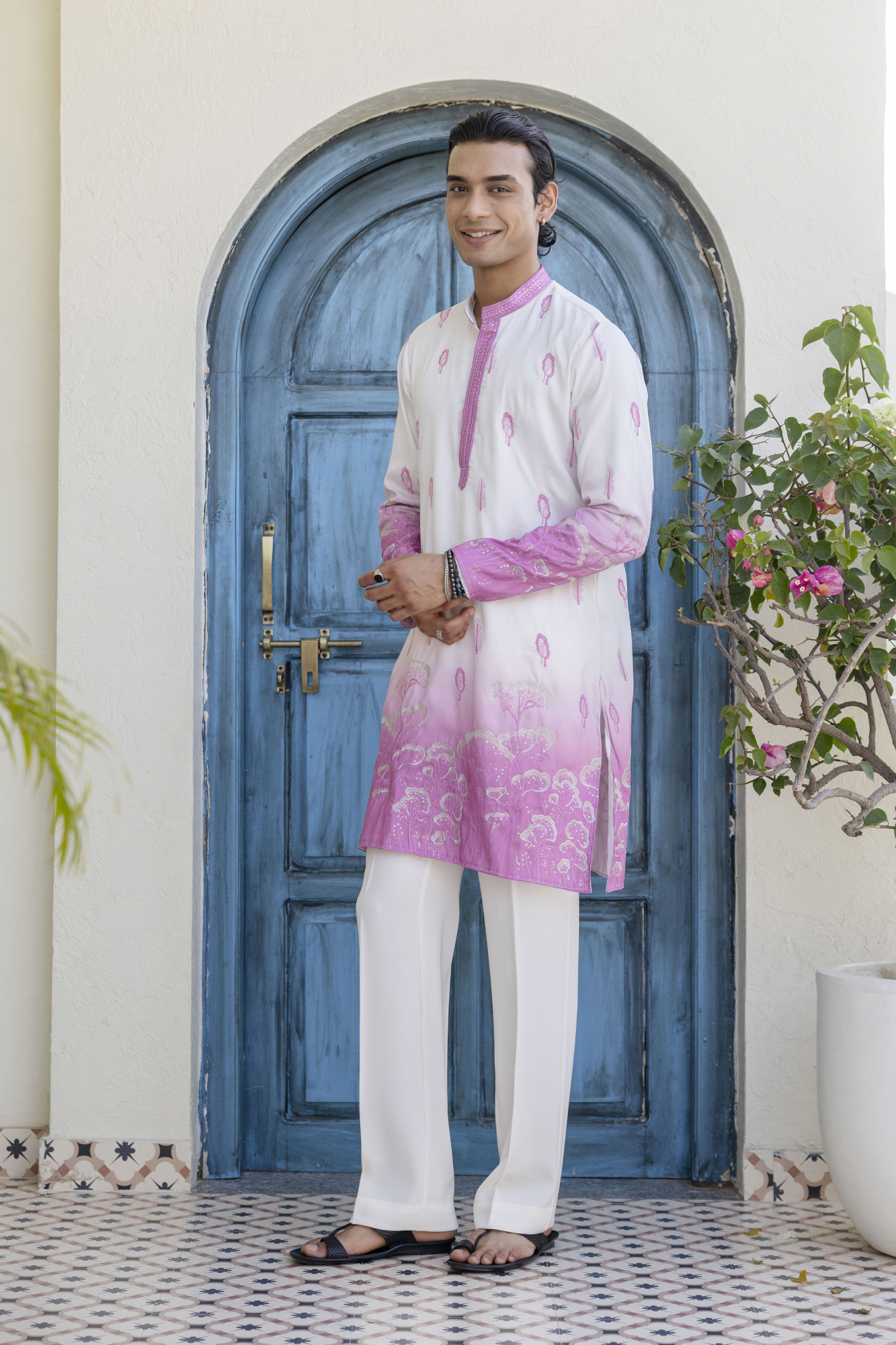 Ombre Embroidered Kurta In Pink