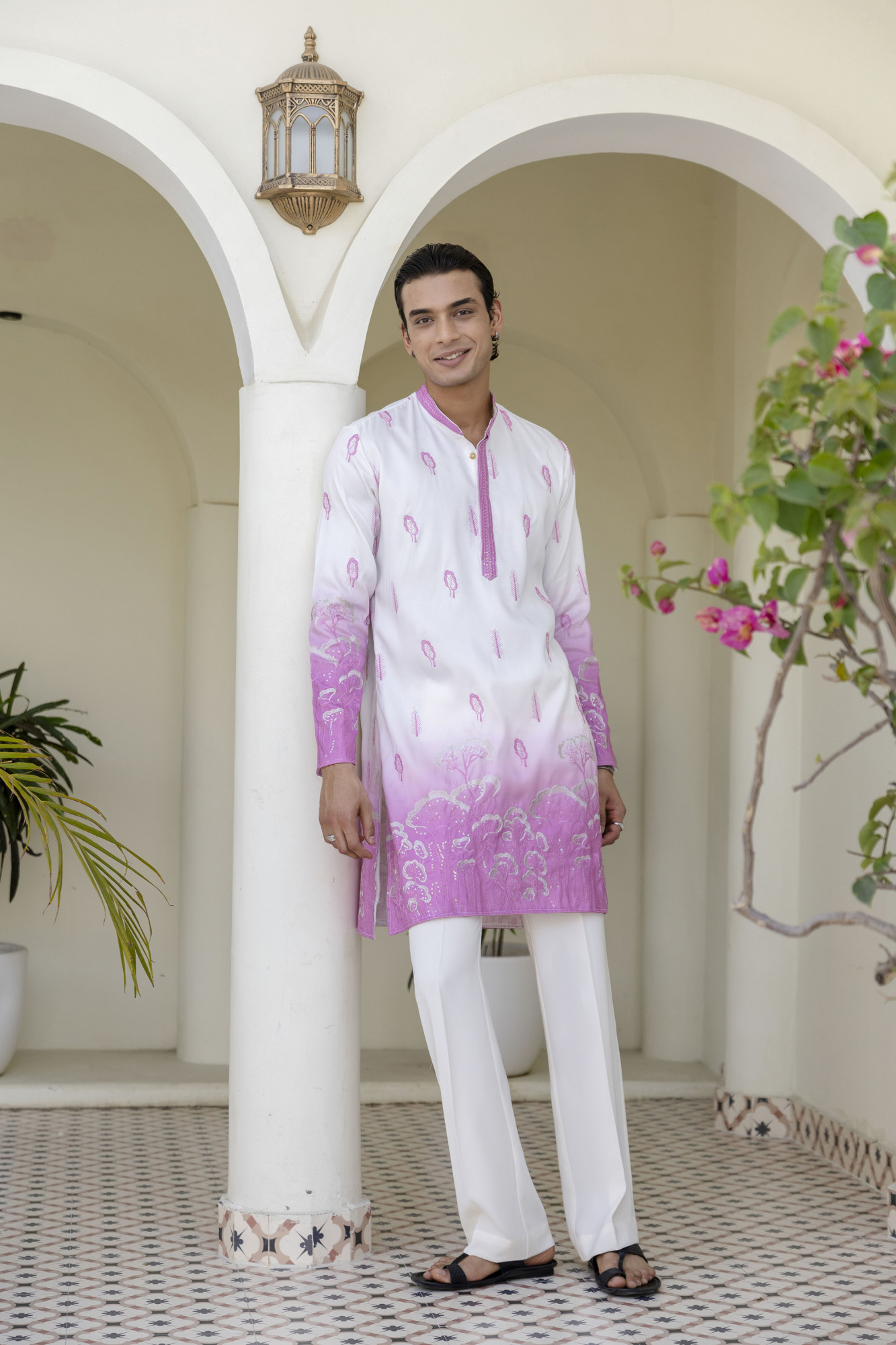 Ombre Embroidered Kurta In Pink