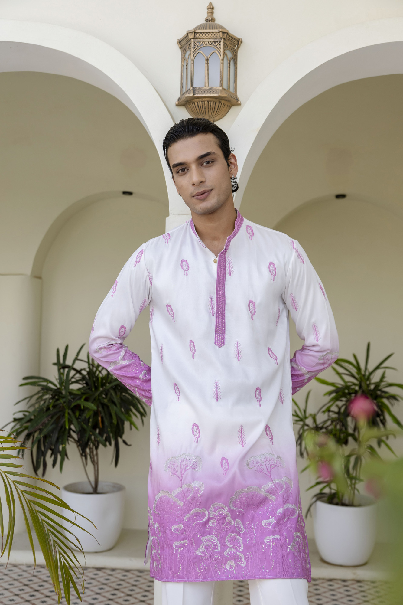 Ombre Embroidered Kurta In Pink