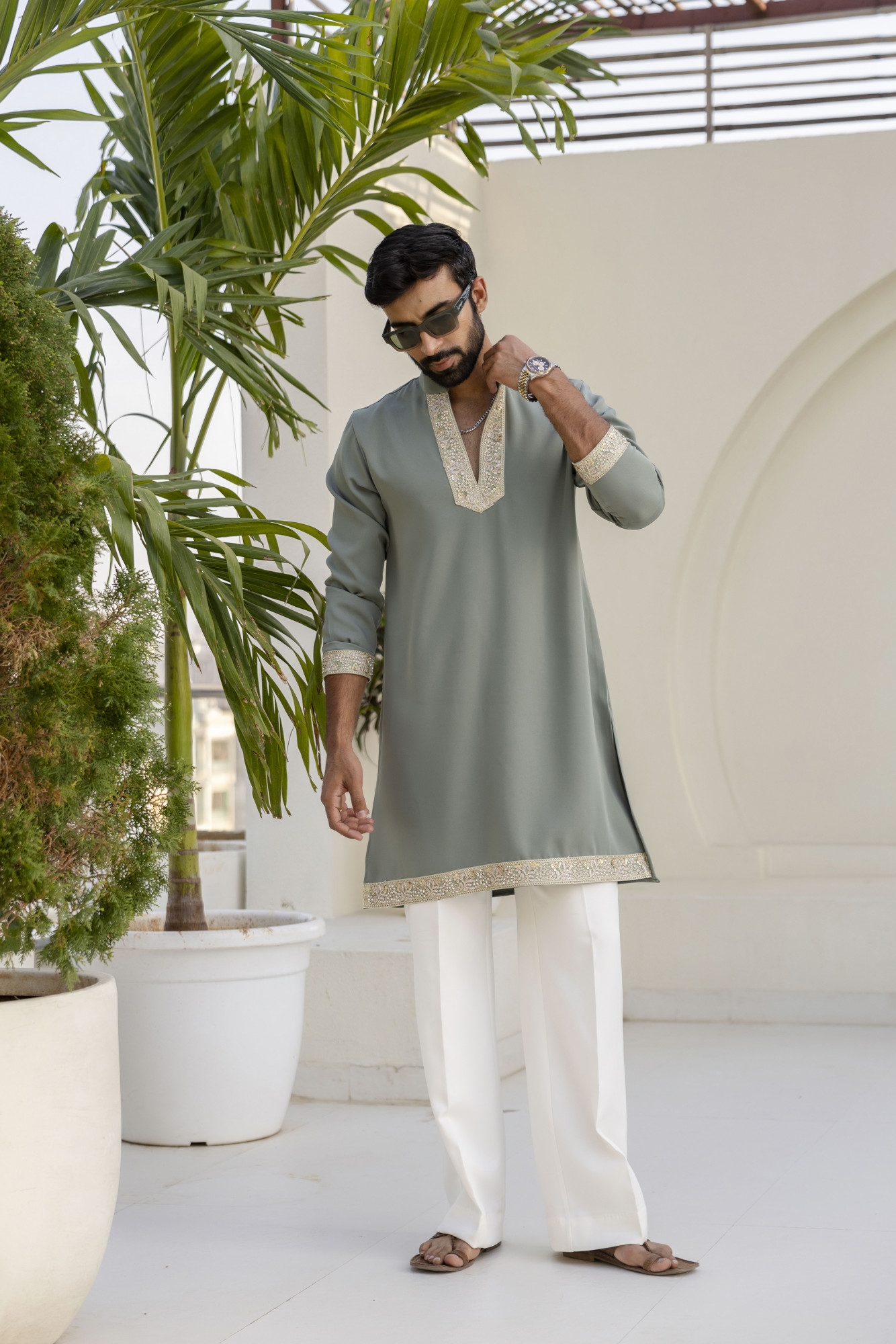 Laced Japanese Kurta In Off Green