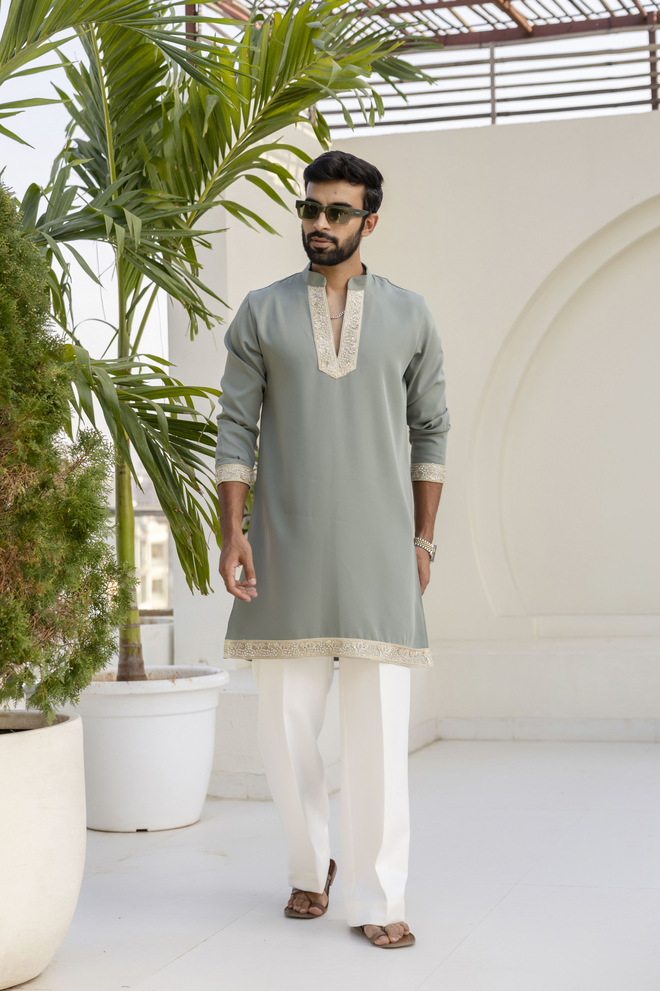 Laced Japanese Kurta In Off Green