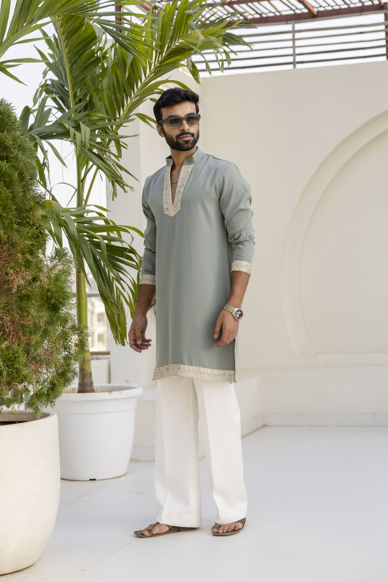 Laced Japanese Kurta In Off Green