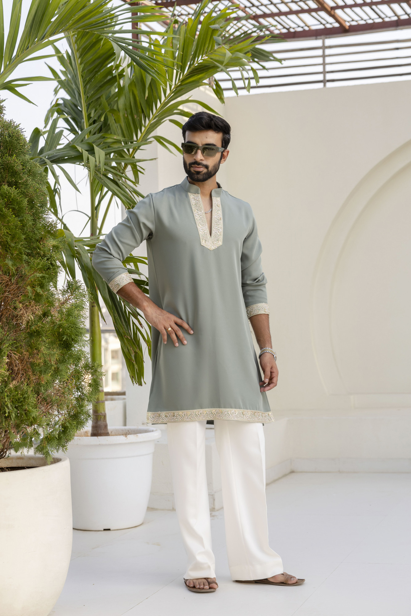 Laced Japanese Kurta In Off Green