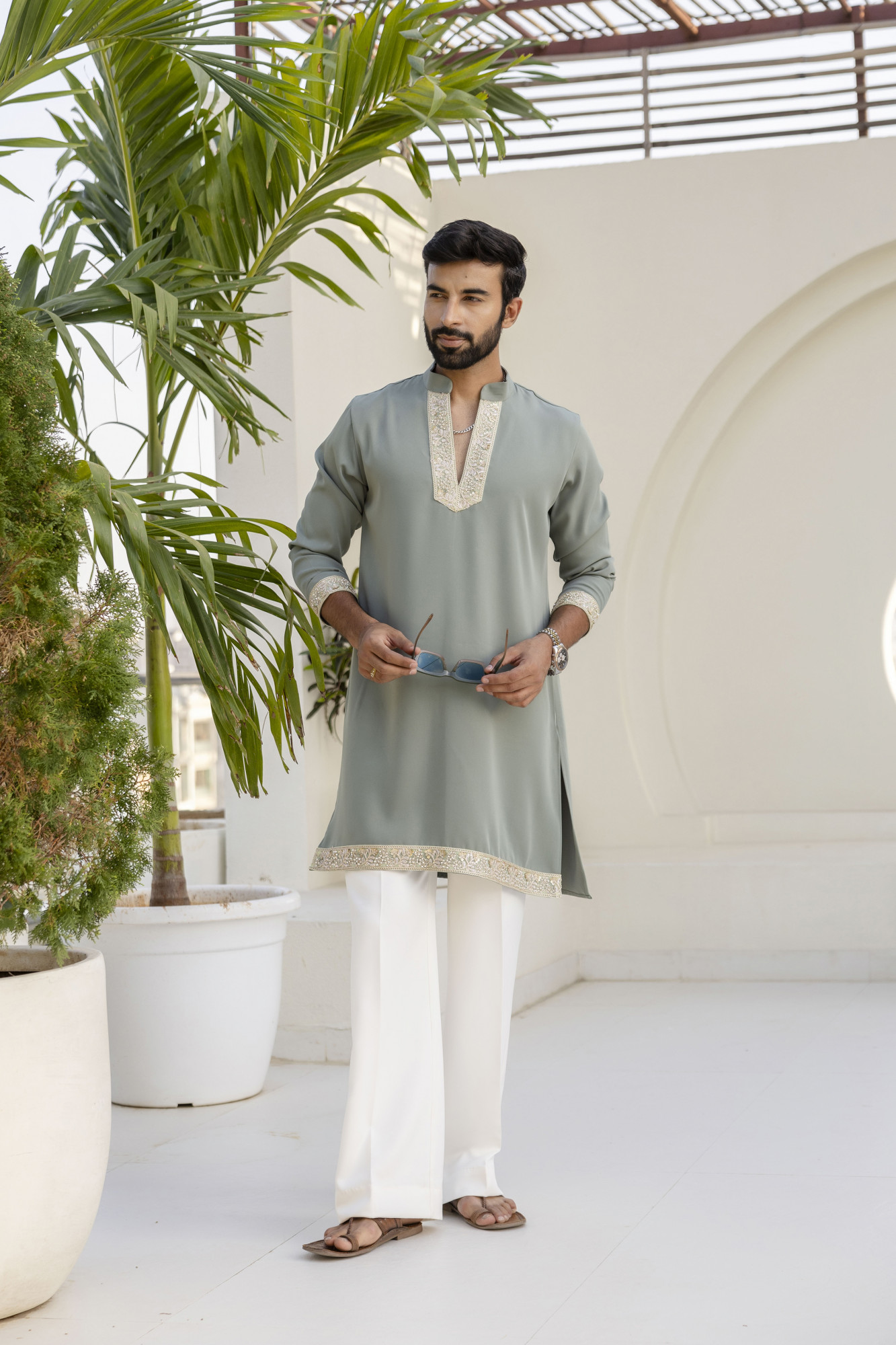 Laced Japanese Kurta In Off Green