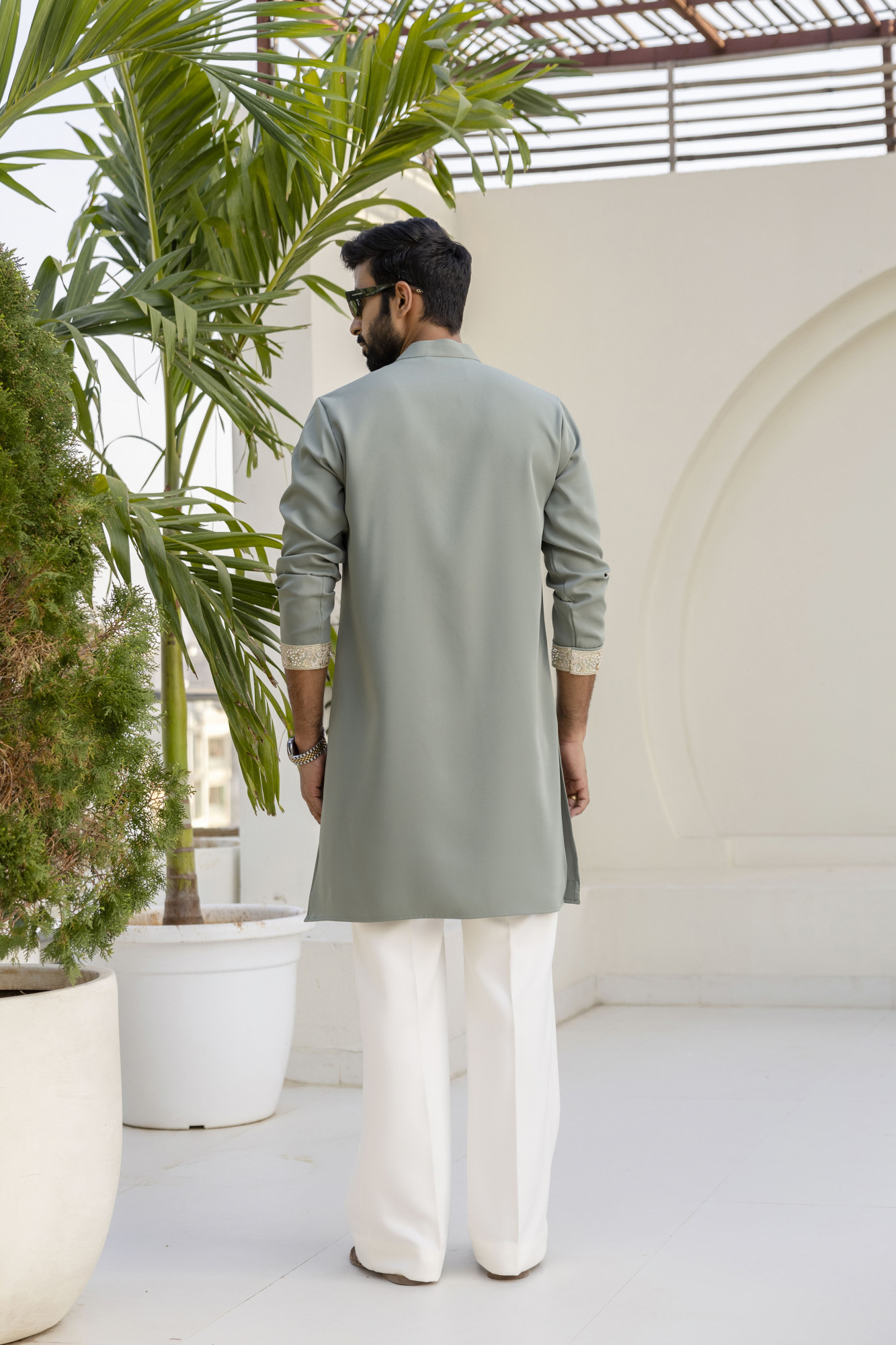 Laced Japanese Kurta In Off Green