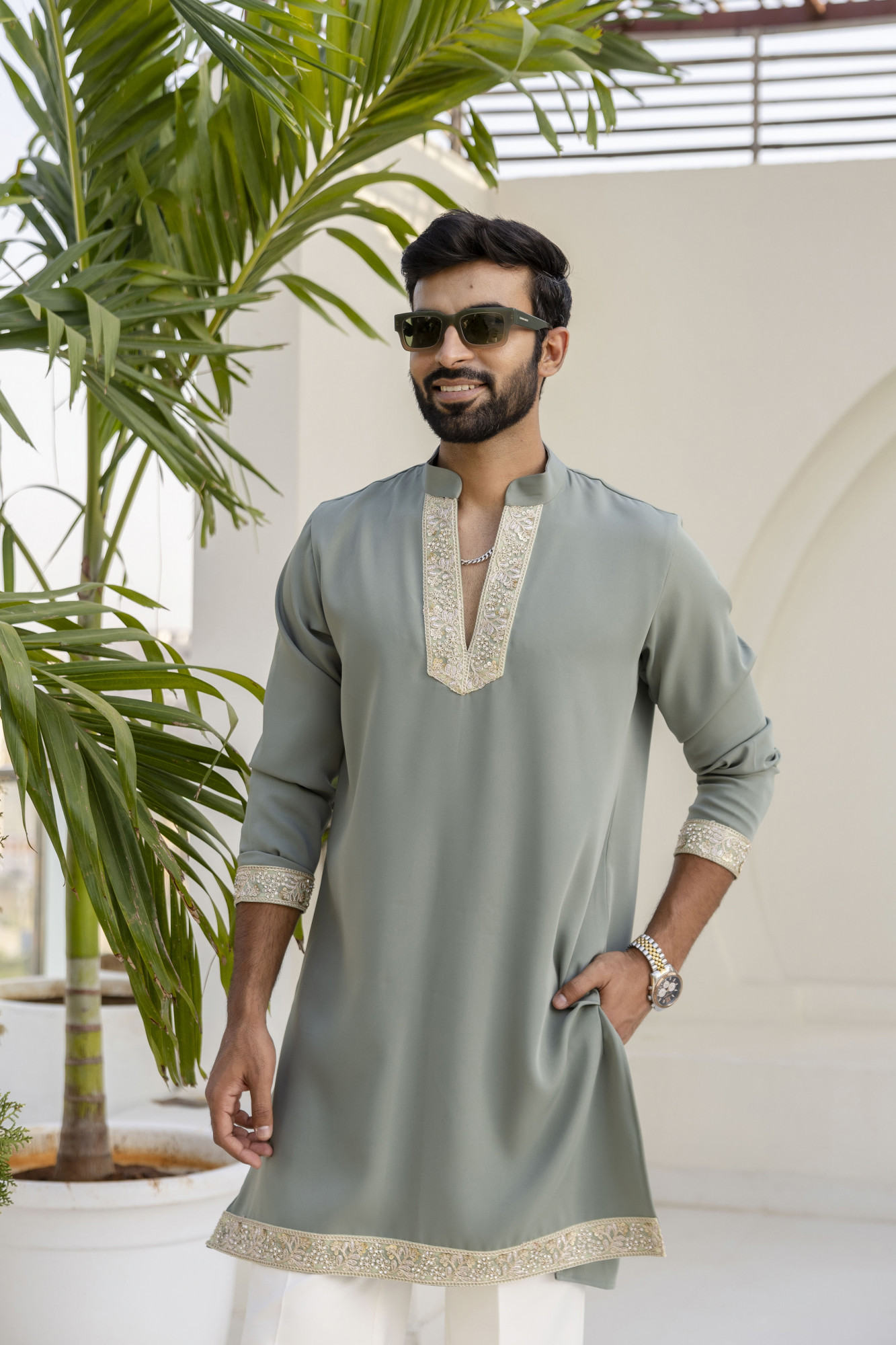 Laced Japanese Kurta In Off Green