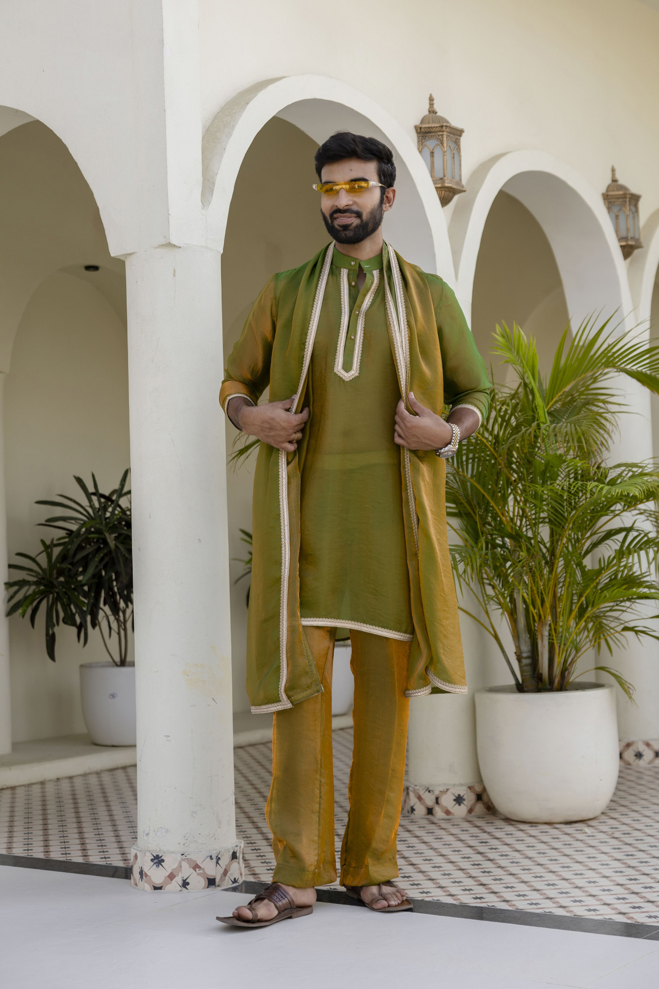 Laced Tissue Kurta Set In Green