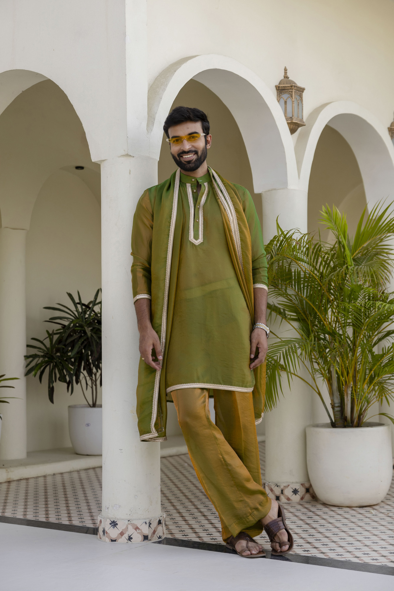 Laced Tissue Kurta Set In Green