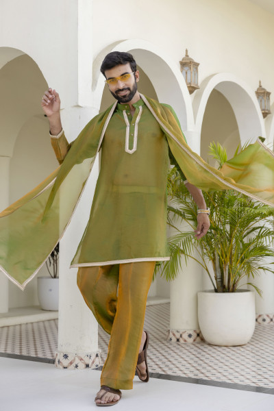 Laced Tissue Kurta Set In Green