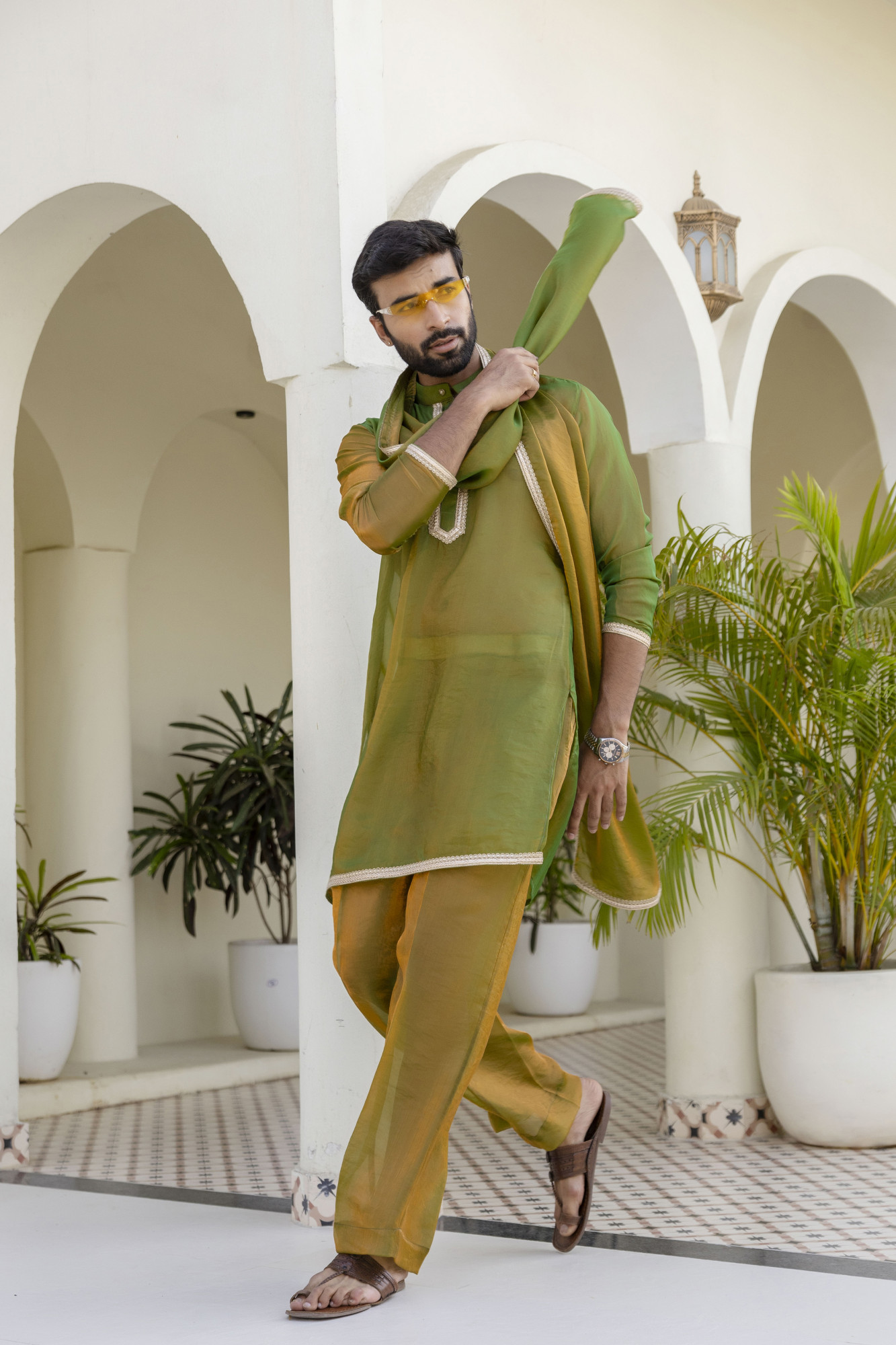 Laced Tissue Kurta Set In Green