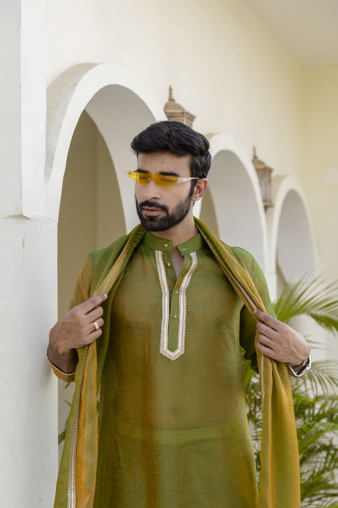Laced Tissue Kurta Set In Green