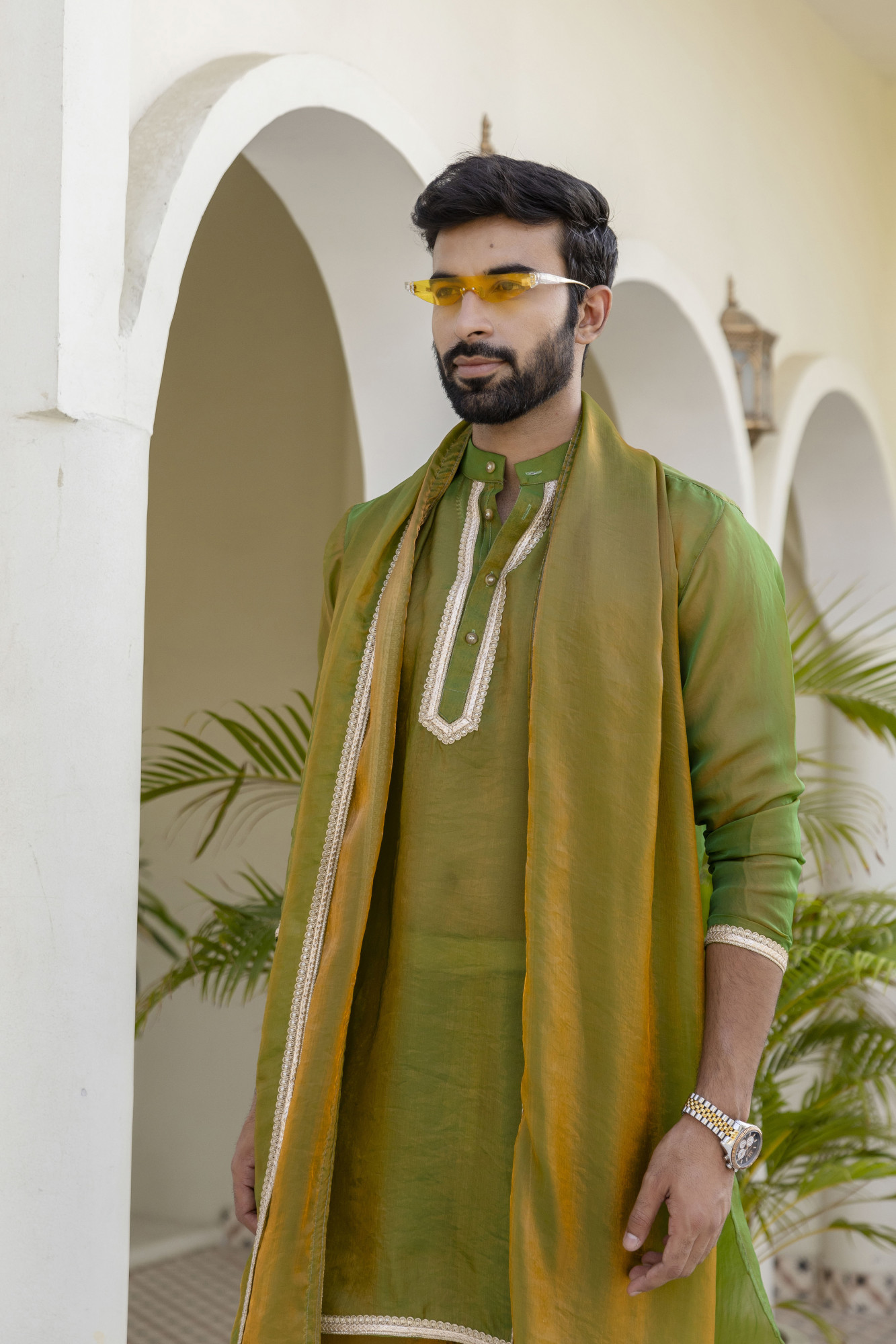 Laced Tissue Kurta Set In Green