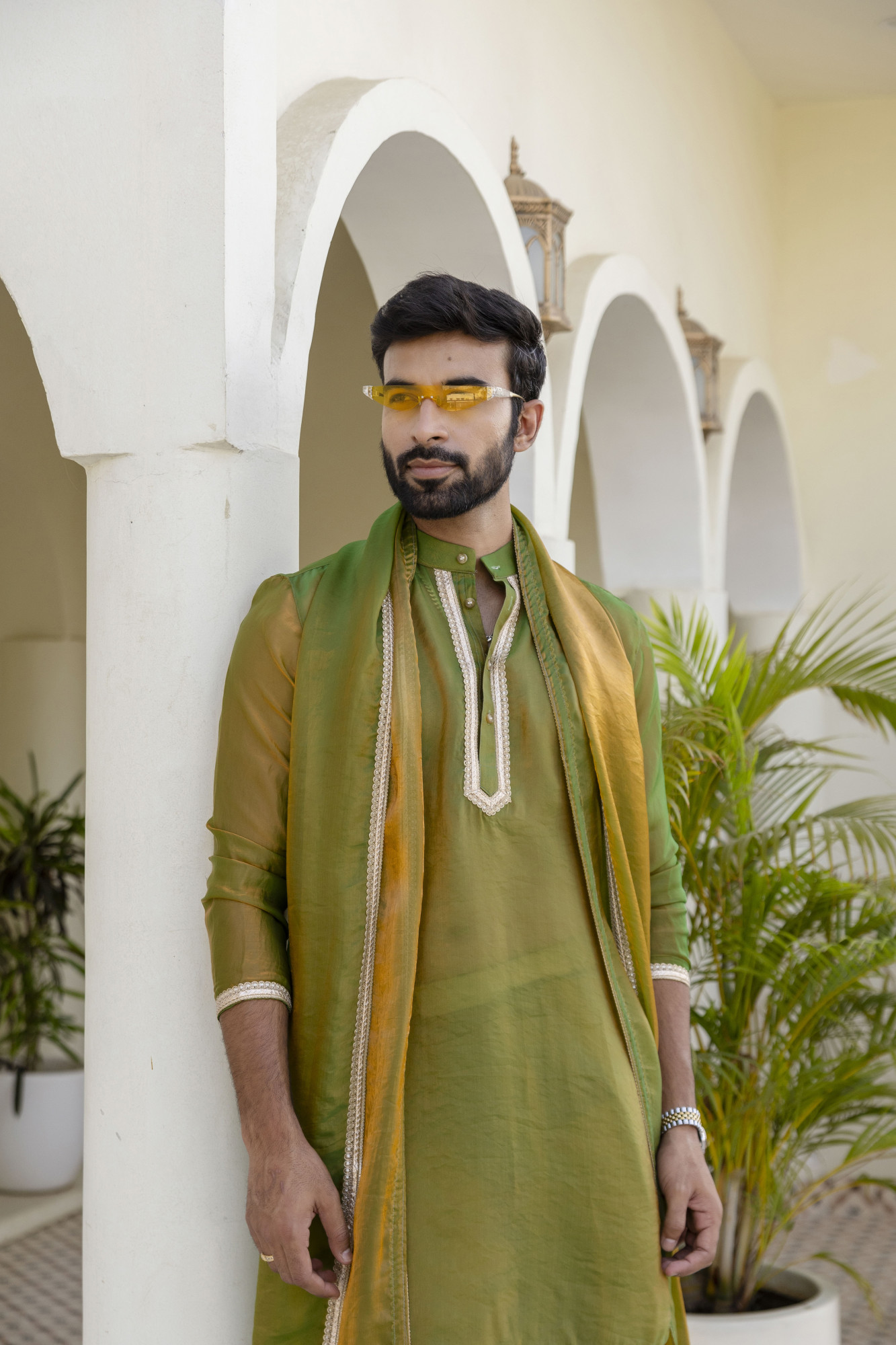 Laced Tissue Kurta Set In Green