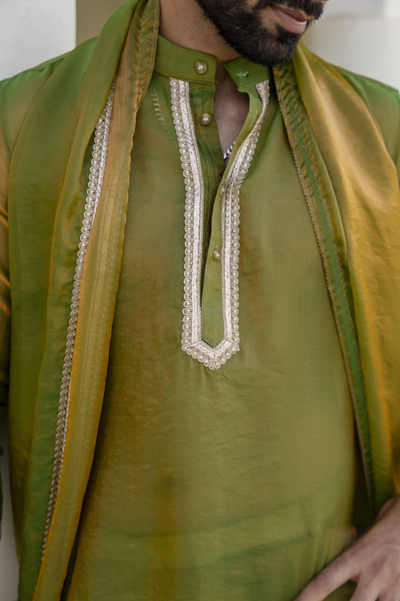 Laced Tissue Kurta Set In Green