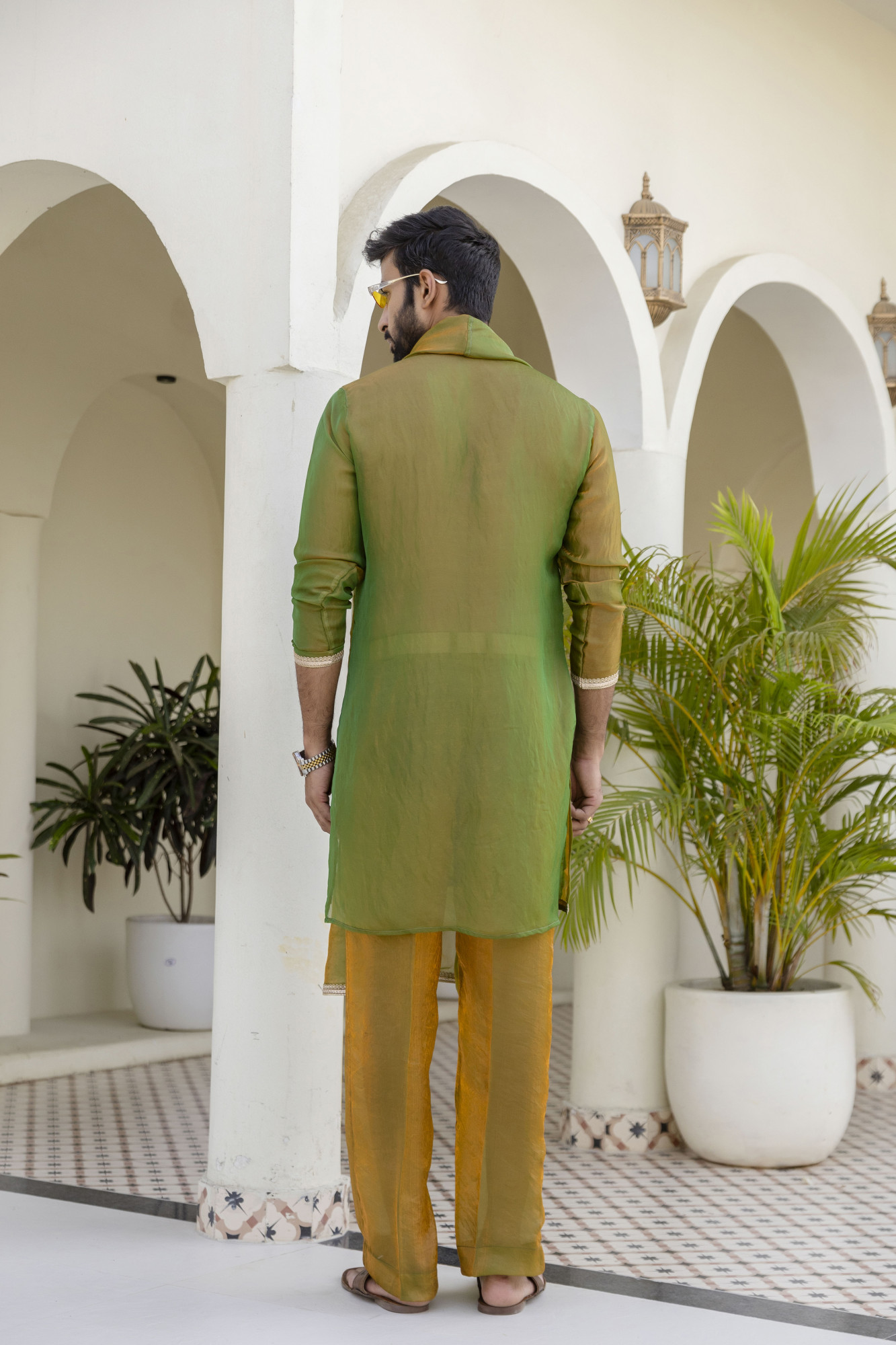 Laced Tissue Kurta Set In Green