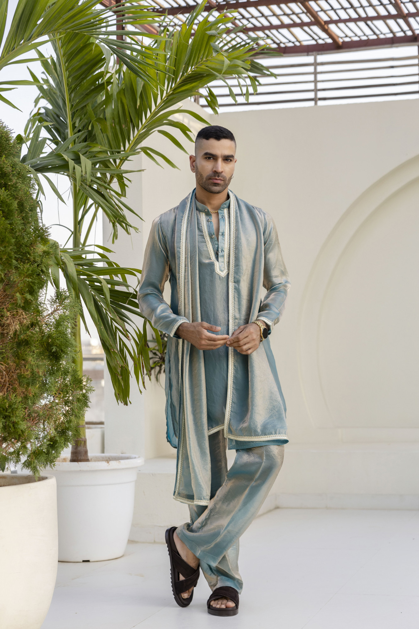 Laced Tissue Kurta Set In Turquoise