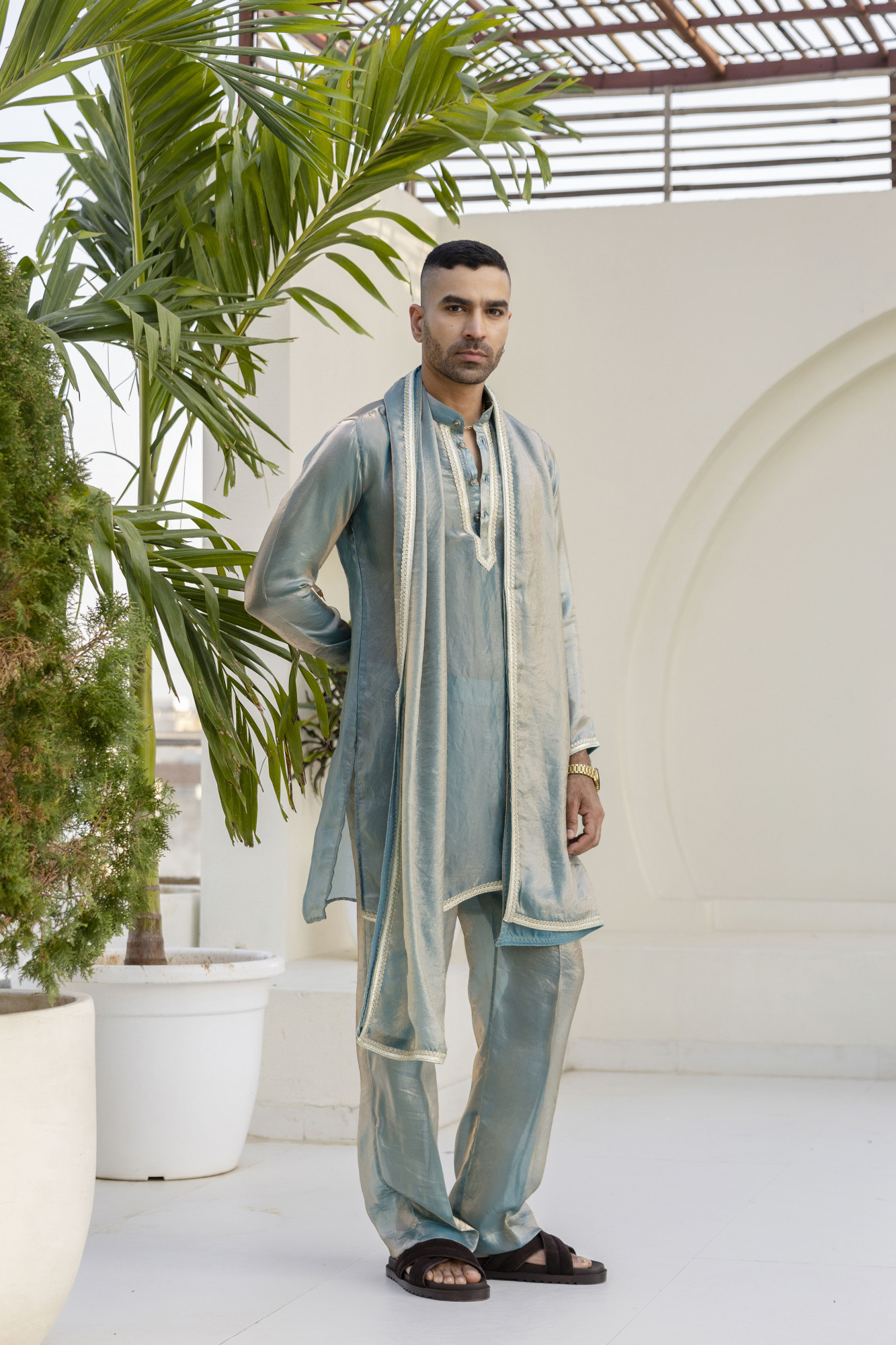 Laced Tissue Kurta Set In Turquoise