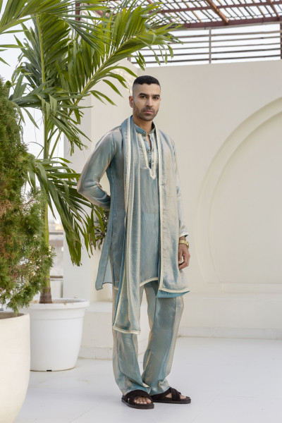 Laced Tissue Kurta Set In Turquoise