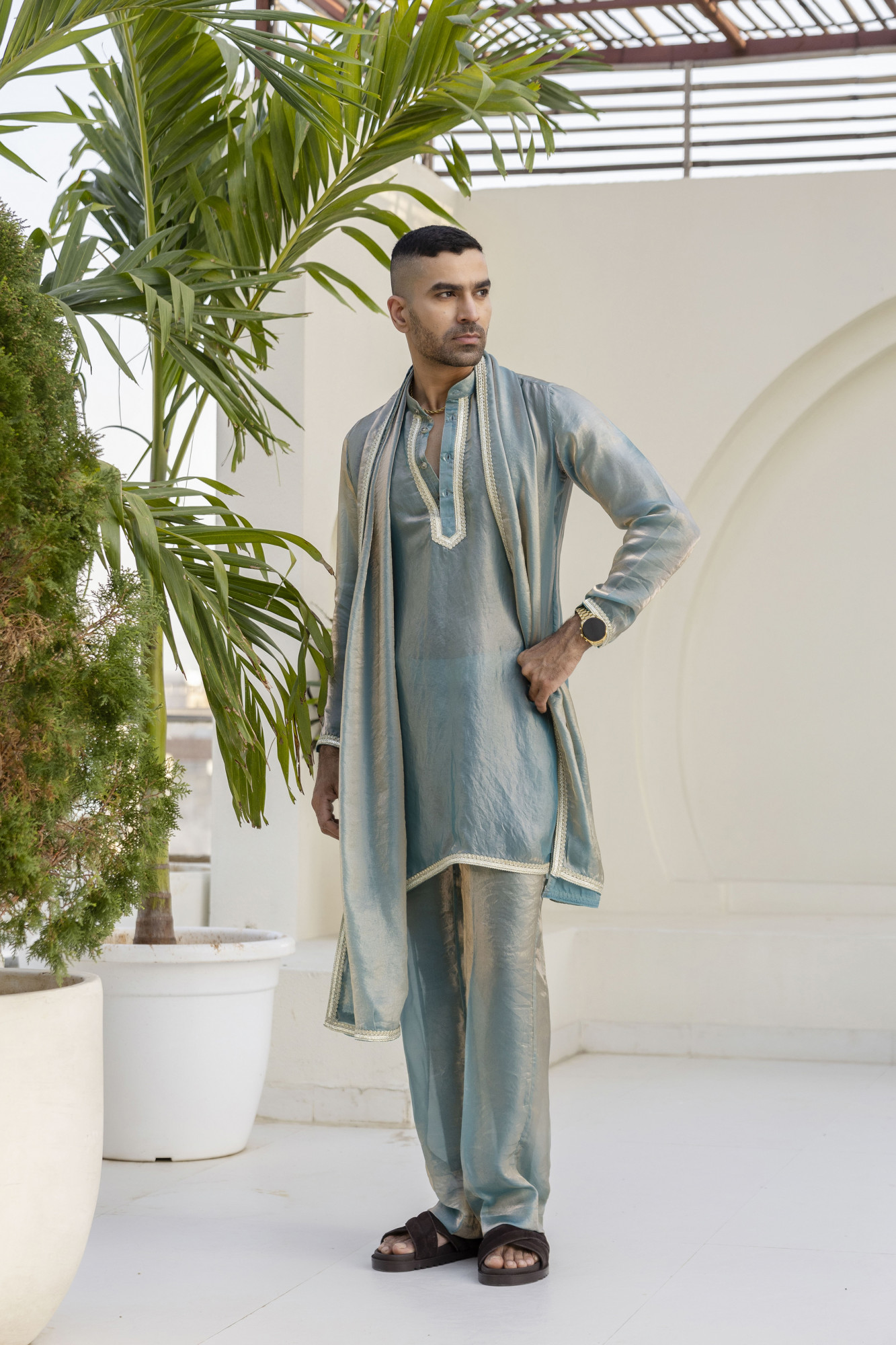 Laced Tissue Kurta Set In Turquoise