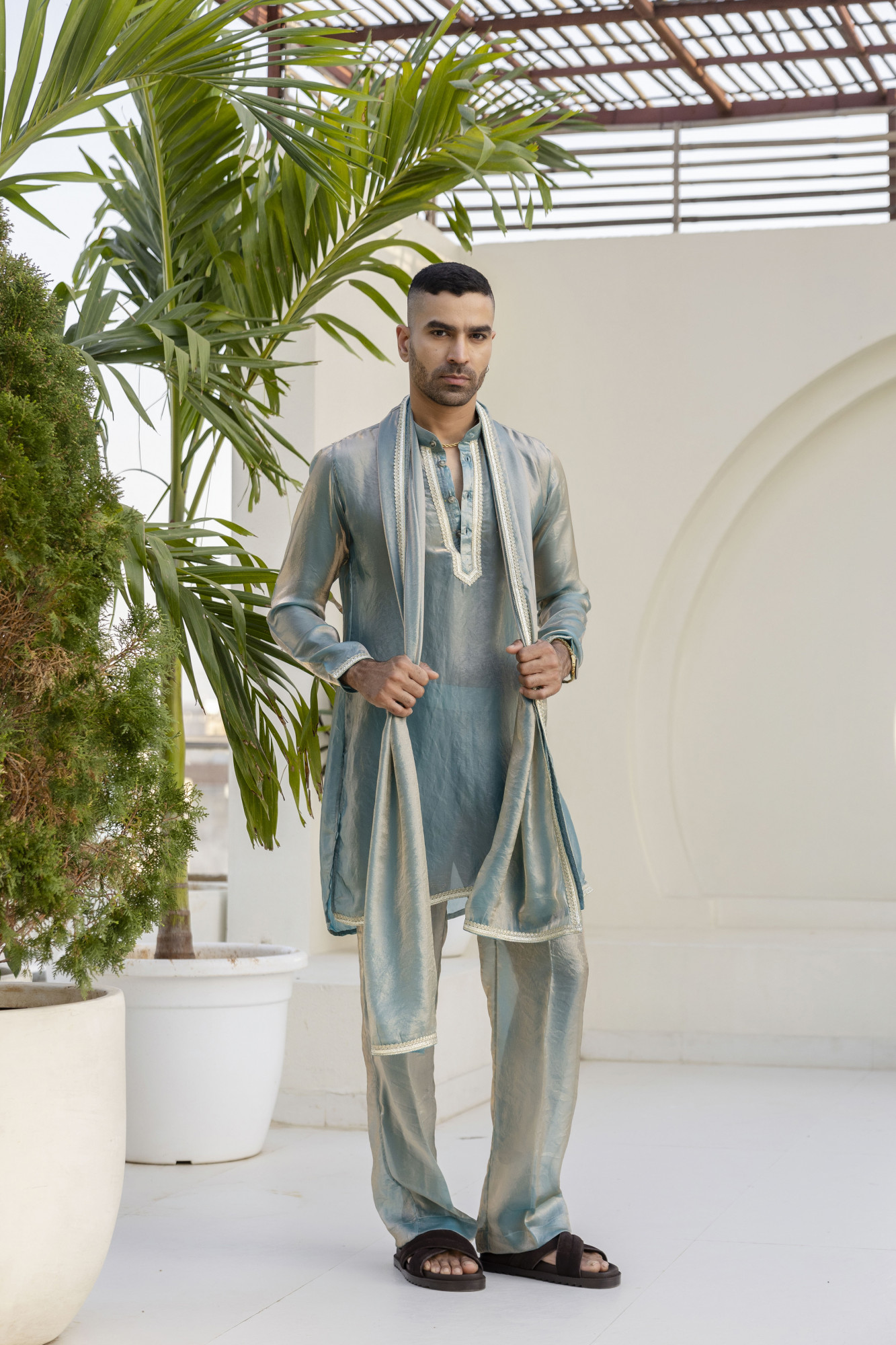 Laced Tissue Kurta Set In Turquoise
