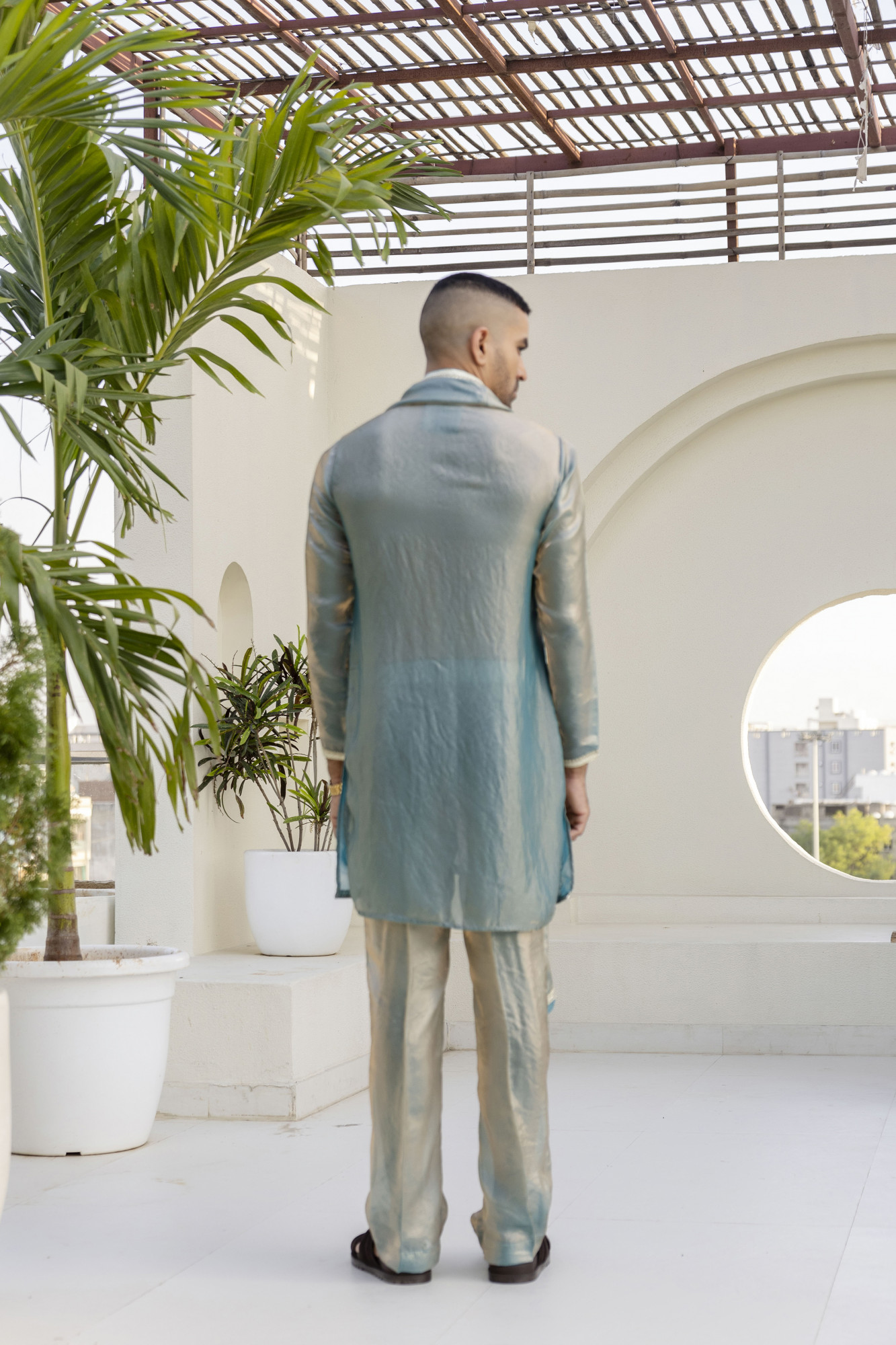 Laced Tissue Kurta Set In Turquoise
