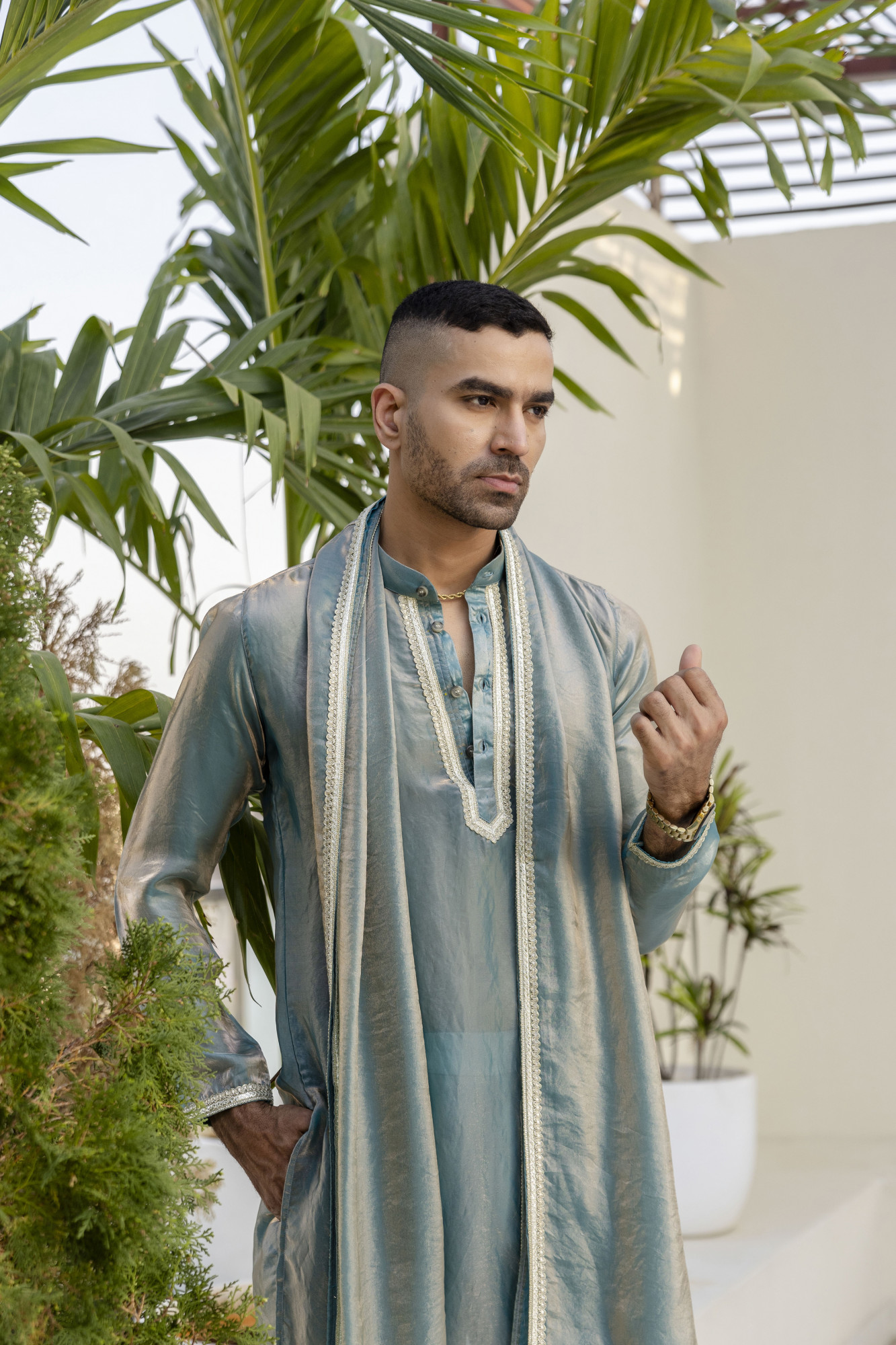 Laced Tissue Kurta Set In Turquoise