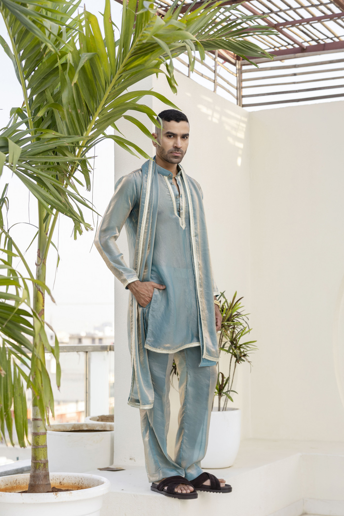 Laced Tissue Kurta Set In Turquoise