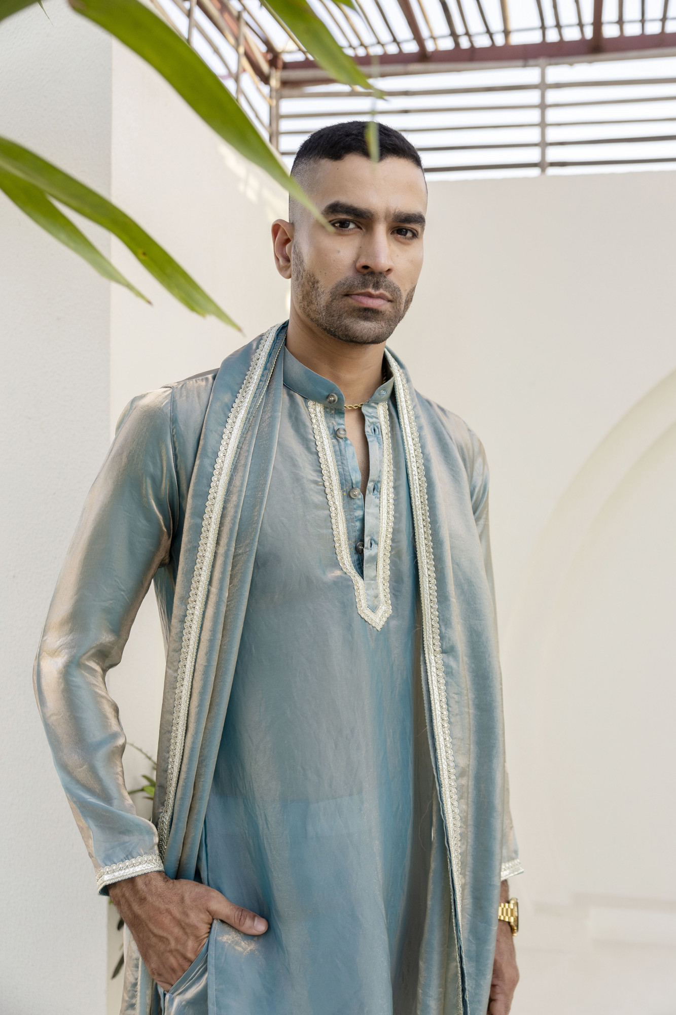 Laced Tissue Kurta Set In Turquoise