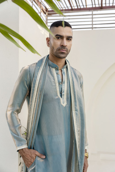 Laced Tissue Kurta Set In Turquoise