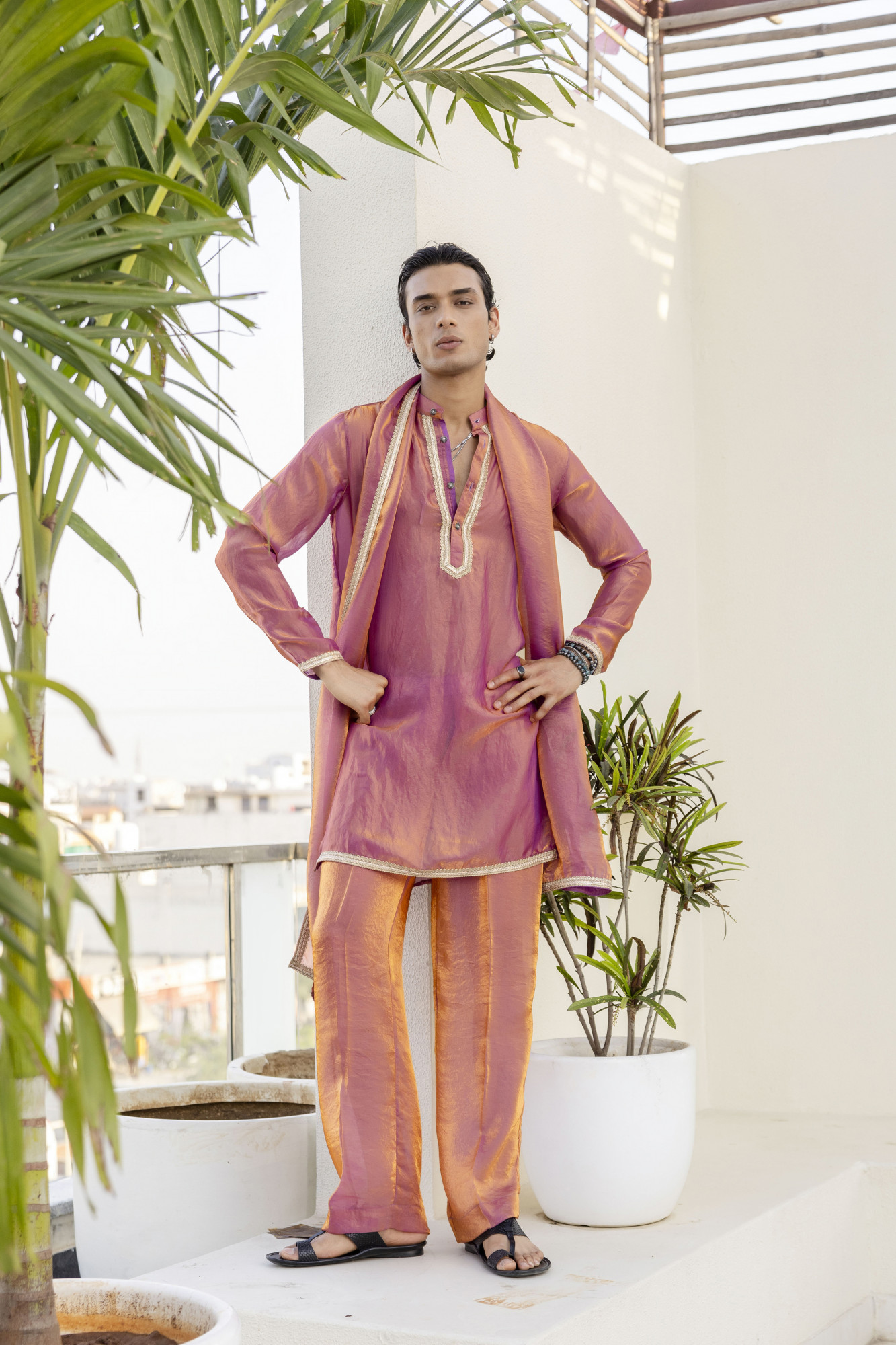 Laced Tissue Kurta Set In Pink