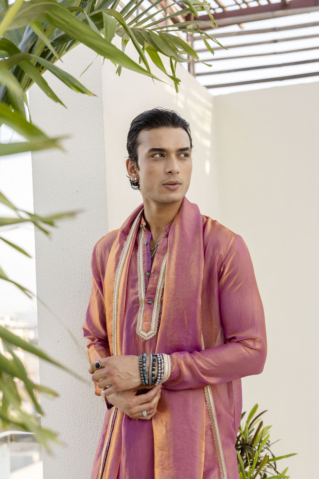 Laced Tissue Kurta Set In Pink