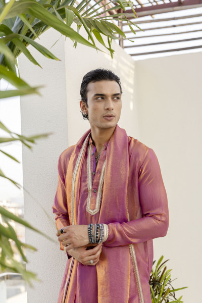 Laced Tissue Kurta Set In Pink