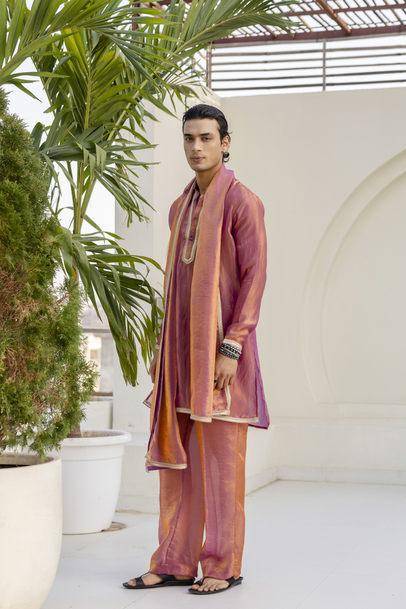 Laced Tissue Kurta Set In Pink